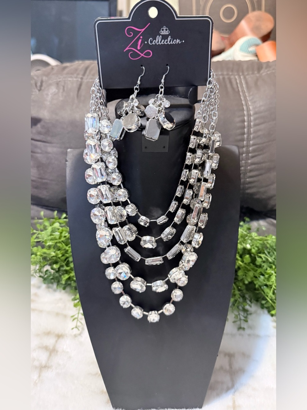 IC COLLECTION Silver Multi-Strand Crystal Statement Necklace with Earrings